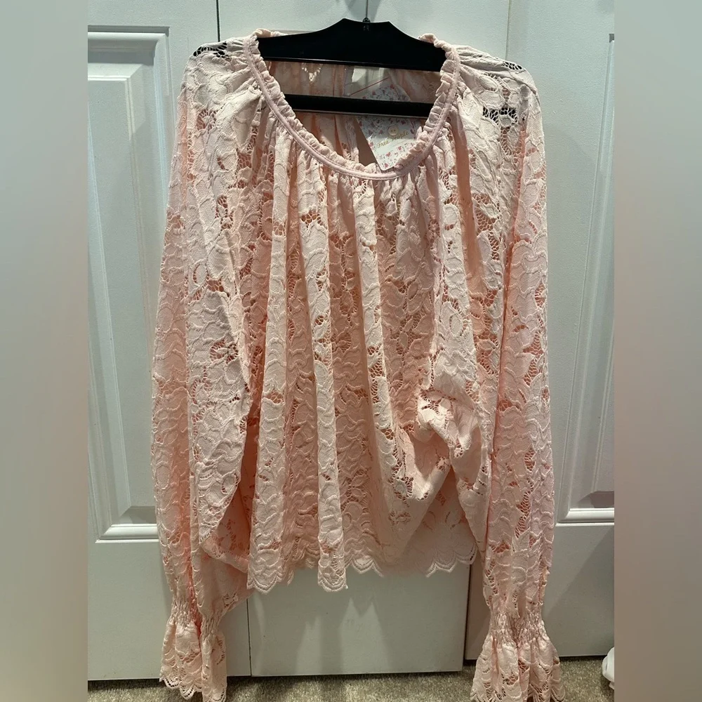 Free People Olivia Balloon Sleeve Lace Blouse Pink Medium NWT OB1037937
